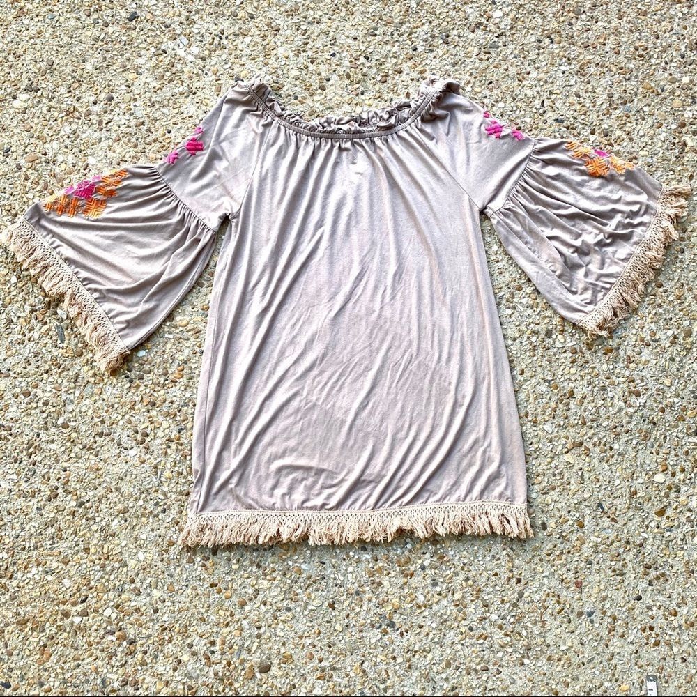 Velzera Boho Hippie Coachella Embroidered Crochet Fringe Mini Dress Size M